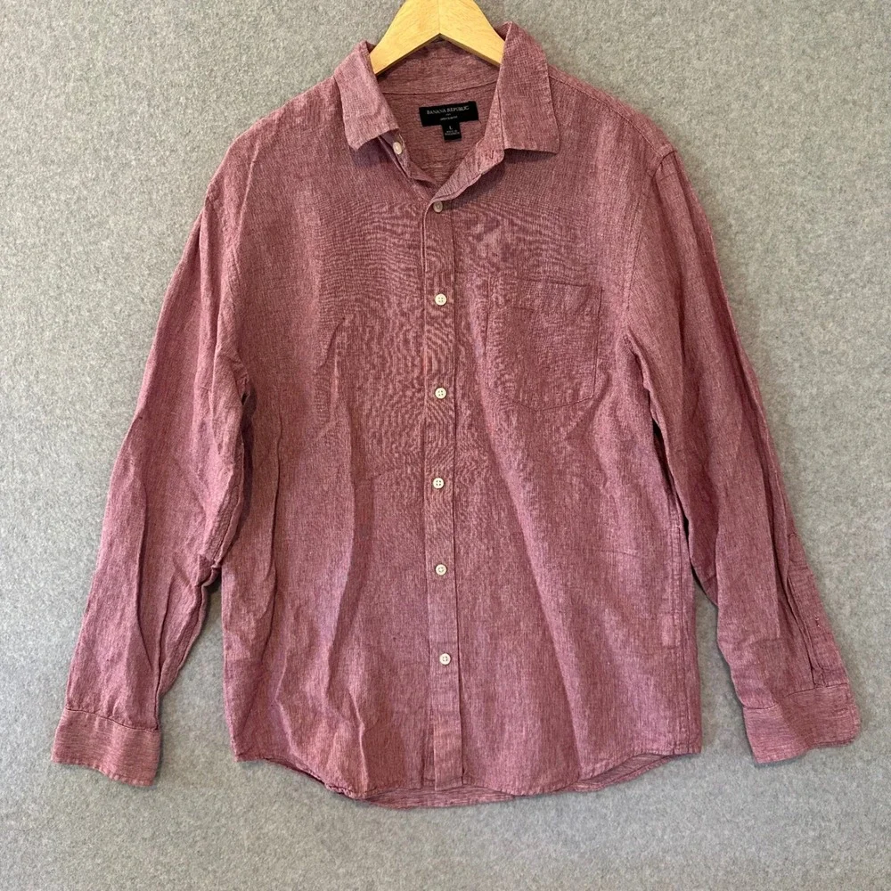 Banana Republic Mens Linen Slim Fit Shirt Long Sleeve Red Micro Stripe Large